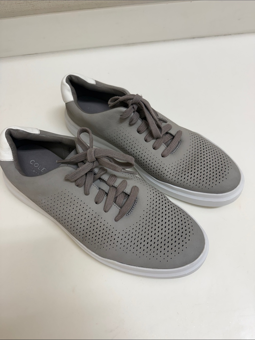 Cole Haan Men’s Gray Perforated Leather Sneakers with White Heel Tab